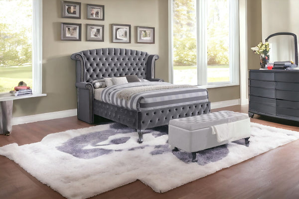 Homeroots Gray Wood And Tufted Velvet Queen Bed Frame With Nailhead Trim  Manufactured Wood 285901