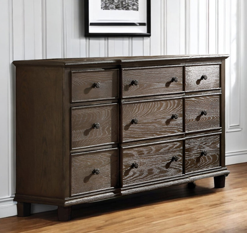 HomeRoots 60" Solid Wood Nine Drawer Double Dresser - Elegant Dark Brown Finish for Timeless Bedroom Storage 9 285907
