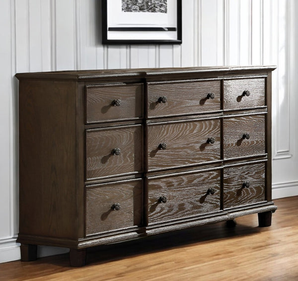 HomeRoots 60" Solid Wood Nine Drawer Double Dresser - Elegant Dark Brown Finish for Timeless Bedroom Storage 9 285907