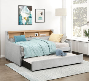 English Elm 1pc Light Gray Daybed with Pull-Out Trundle, Built-In Bookcase & Charging Ports, Nailhead Trim Modern Design B011S01718