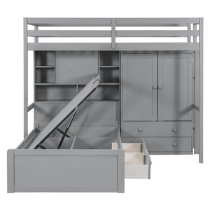 English Elm Twin Bunk Bed with Wardrobe Drawers Hydraulic Lift Shelves Kids Storage Gray LT000666AAE-1