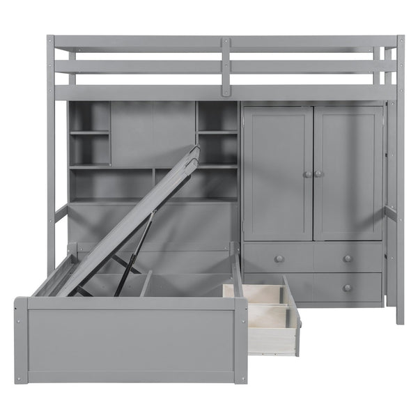 English Elm Twin Bunk Bed with Wardrobe Drawers Hydraulic Lift Shelves Kids Storage Gray LT000666AAE-1