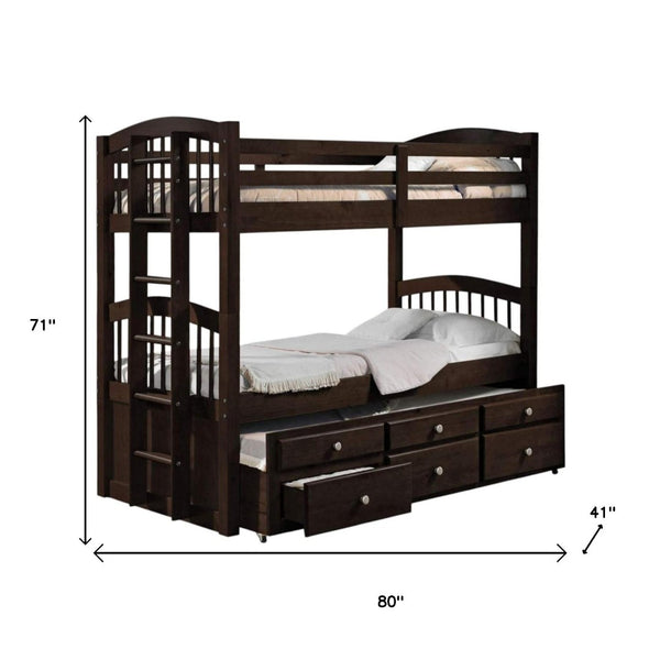 HomeRoots Espresso Twin Over Twin Bunk Bed with Trundle & Storage - Stylish, Safe, Space-Saving Design! 285935