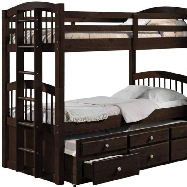 HomeRoots Espresso Twin Over Twin Bunk Bed with Trundle & Storage - Stylish, Safe, Space-Saving Design! 285935