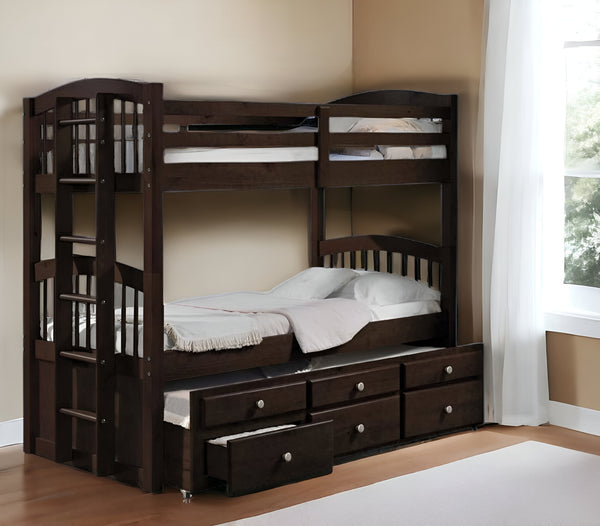 Homeroots 80" X 41" X 71" Espresso Twin Over Twin Bunk Bed And Trundle With 3 Drawers  Wood 285935