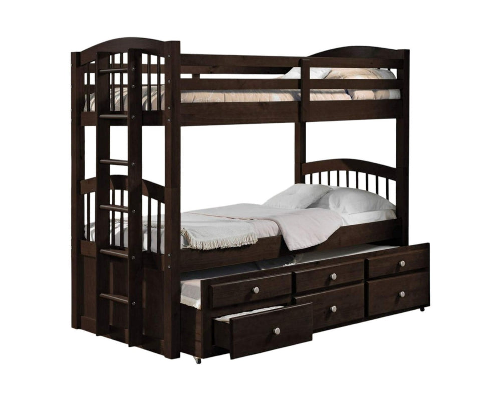 HomeRoots Espresso Twin Over Twin Bunk Bed with Trundle & Storage - Stylish, Safe, Space-Saving Design! 285935