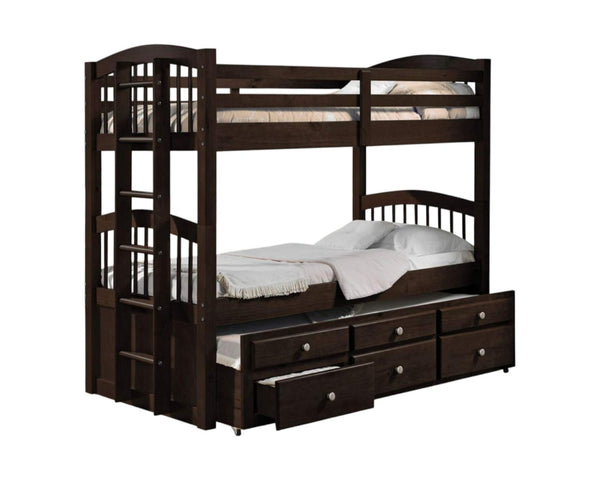 HomeRoots Espresso Twin Over Twin Bunk Bed with Trundle & Storage - Stylish, Safe, Space-Saving Design! 285935