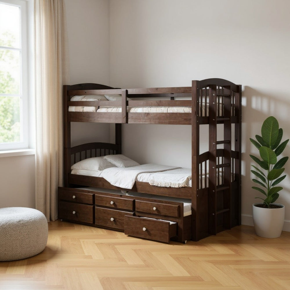 HomeRoots Espresso Twin Over Twin Bunk Bed with Trundle & Storage - Stylish, Safe, Space-Saving Design! 285935