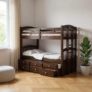 HomeRoots Espresso Twin Over Twin Bunk Bed with Trundle & Storage - Stylish, Safe, Space-Saving Design! 285935