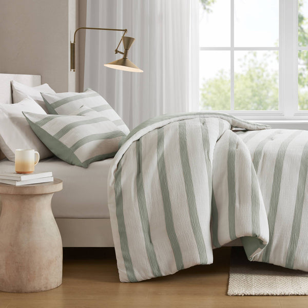 JLA Home Super Listing - Yarn-dyed Merritt striped comforter with woven tonal texture, subtle crinkle, OEKO-TEX quality, all-season cozy Sage Green AM10-0613