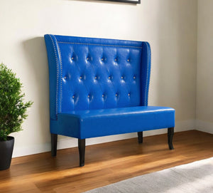 Homeroots 51" Blue Faux Leather Settee With Dark Brown Legs   285985