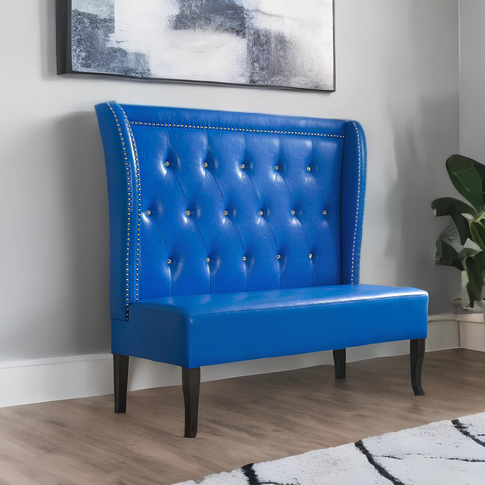 Homeroots 51" Blue Faux Leather Settee With Dark Brown Legs   285985