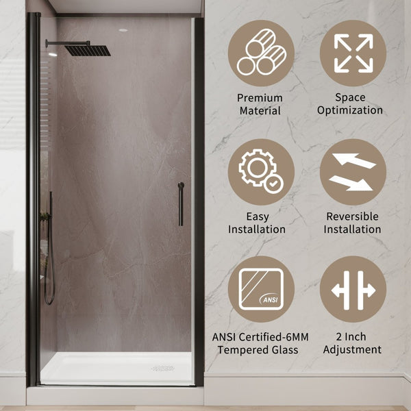 English Elm 34-36 in Frameless Pivot Shower Door Clear Glass Matte Black Hardware Reversible Swing W63777032
