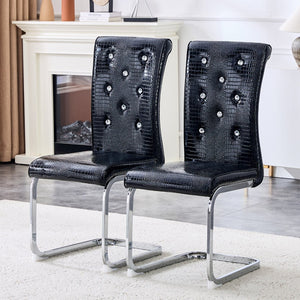 English Elm Set of 2 Glam Faux Alligator Pvc Dining Chairs with Crystal Buckle Bow Legs Black W3875P371065