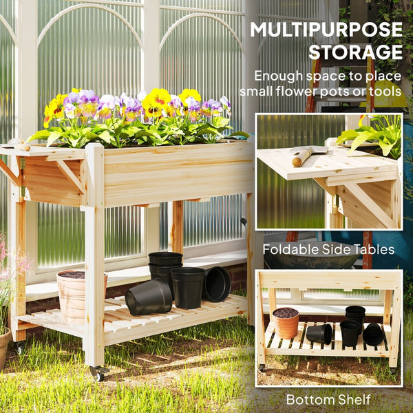 English Elm Convenient Carbonized Fir Wood Raised Planter Box with Wheels Side Tables and Storage T3971P423504