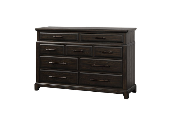 English Elm Queen Sleigh Bed Dark Mahogany Set with Dresser, Mirror, Chest & Nightstand — Solid Wood, Hardware B2699S00069