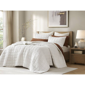 English Elm 3-piece French Linen Quilt Set King Garment Washed Box Stitch Breathable Bedding White B035P408296