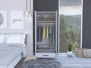 English Elm Rio White Double Door Armoire 71" High with Hanging Rod, Spacious Top Shelf & Hidden Bottom Drawer B128S00112