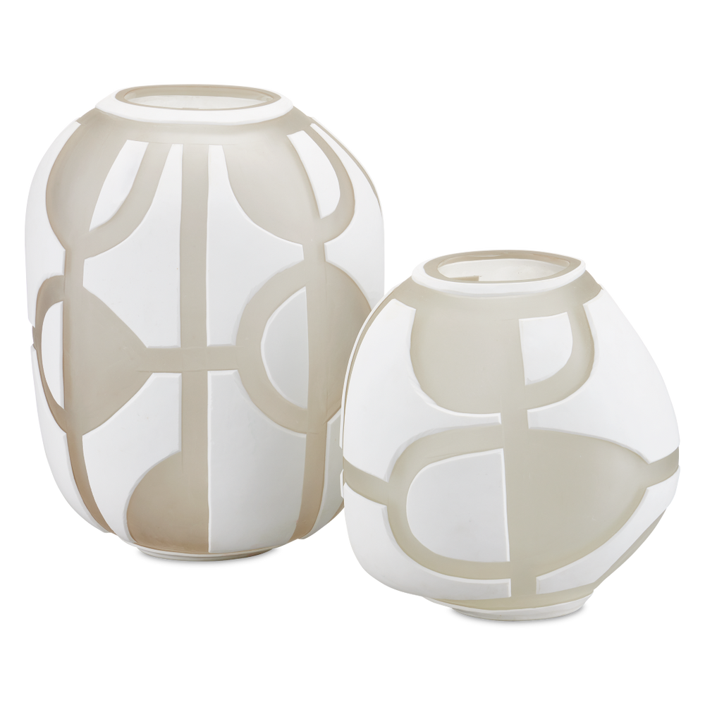 Art Decortif White Vase Set of 2 - Handcrafted Venetian Glass with Geometric Design for Elegance