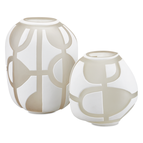 Art Decortif White Vase Set of 2 - Handcrafted Venetian Glass with Geometric Design for Elegance