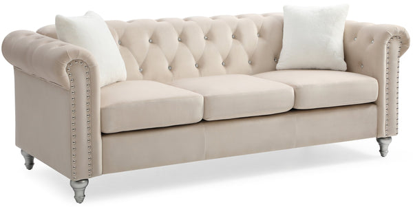 English Elm Raisa Velvet Tufted Sofa with Jeweled Buttons, Nailhead Accents, Pocketed Coil Cushions & Pillows Beige 15 L x 26 W x 34 H B078S00108