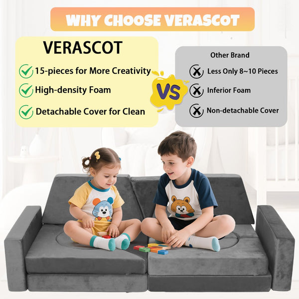 English Elm 15pcs Modular Toddler Play Couch Set Velvet Foam Fort Building Playroom Seating Dark Gray T5880P493415