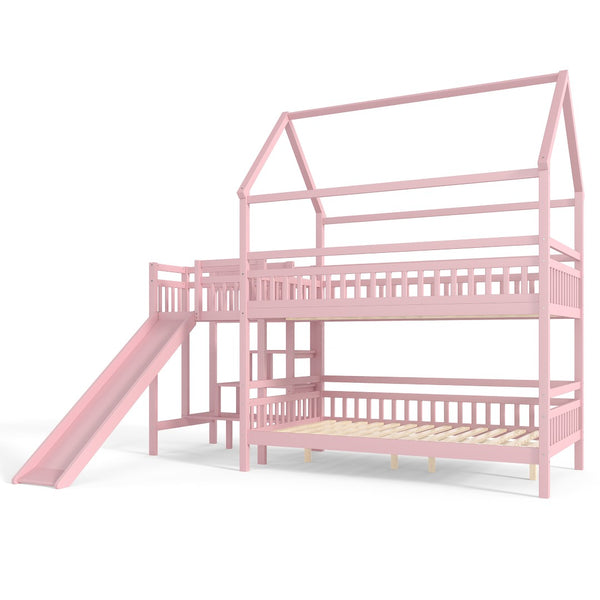 English Elm Full Bunk Bed with Trundle Bookshelf Storage Pine Frame Car Design for Kids Pink W1580S00304