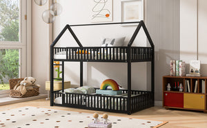 English Elm Metal Twin over Twin House Bunk Bed with Playful Roof, Sturdy Metal Frame, Quiet Support for Kids Black N709P214091B