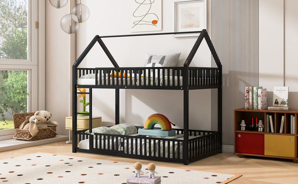 English Elm Metal Twin over Twin House Bunk Bed with Playful Roof, Sturdy Metal Frame, Quiet Support for Kids Black N709P214091B