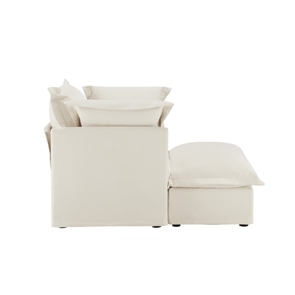 English Elm Upholstered Slipcovered Armchair & Ottoman Set, Soft Chenille Cream Chairs With Cozy Pillows For Relaxation W3041S00001-GIGA