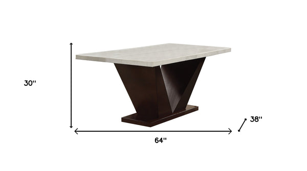 Homeroots 64" White And Dark Brown Marble And Solid Manufactured Wood Pedestal Base Dining Table   286018
