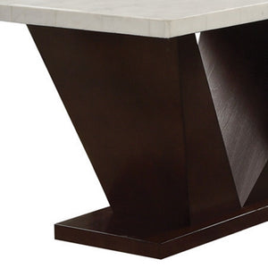 Homeroots 64" White And Dark Brown Marble And Solid Manufactured Wood Pedestal Base Dining Table   286018
