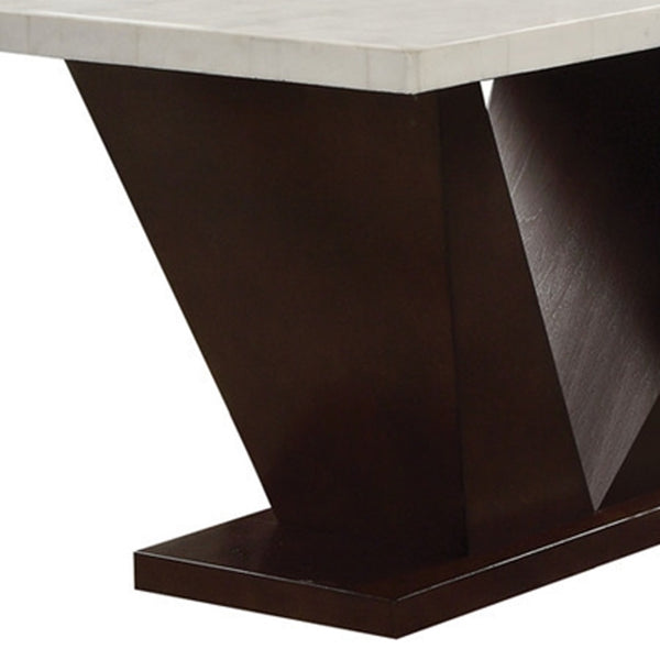 Homeroots 64" White And Dark Brown Marble And Solid Manufactured Wood Pedestal Base Dining Table   286018