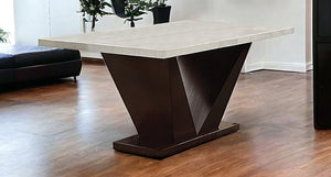 Homeroots 64" White And Dark Brown Marble And Solid Manufactured Wood Pedestal Base Dining Table   286018
