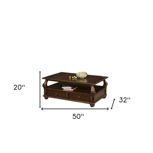 Homeroots 50" Dark Brown Solid Wood Coffee Table With Two Drawers And Shelf   286032