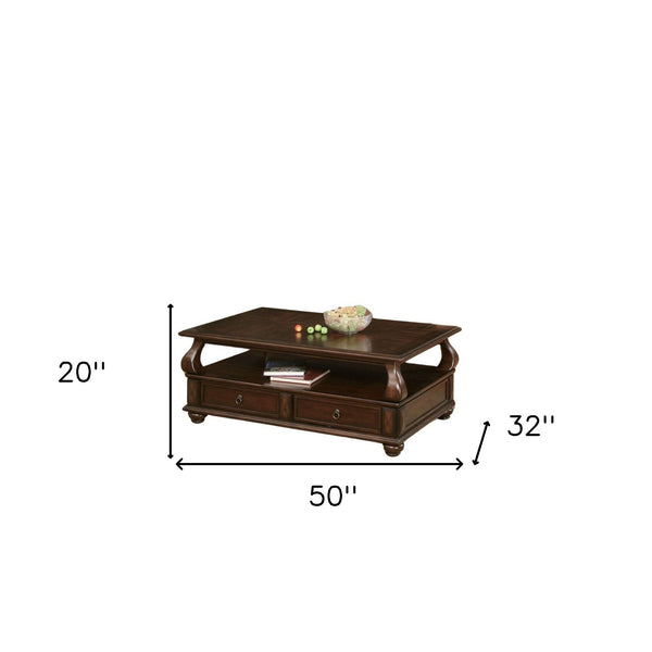 Homeroots 50" Dark Brown Solid Wood Coffee Table With Two Drawers And Shelf   286032