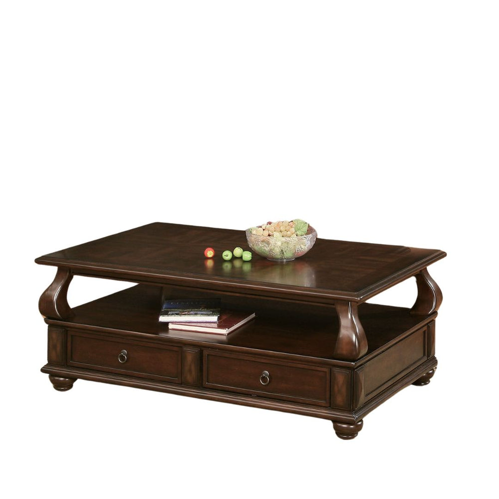 Homeroots 50" Dark Brown Solid Wood Coffee Table With Two Drawers And Shelf   286032
