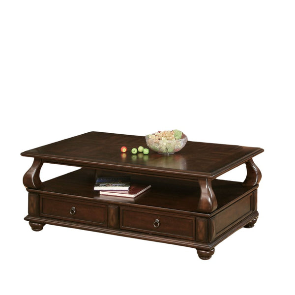 Homeroots 50" Dark Brown Solid Wood Coffee Table With Two Drawers And Shelf   286032