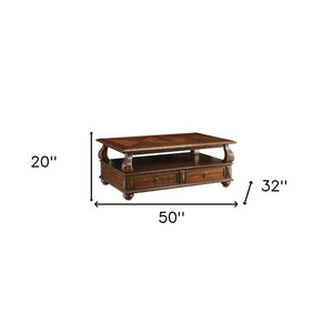 HomeRoots 50" Dark Brown Solid Wood Coffee Table with Drawers & Shelf for Elegant Living Room Storage & Style 286032