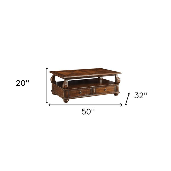 HomeRoots 50" Dark Brown Solid Wood Coffee Table with Drawers & Shelf for Elegant Living Room Storage & Style 286032