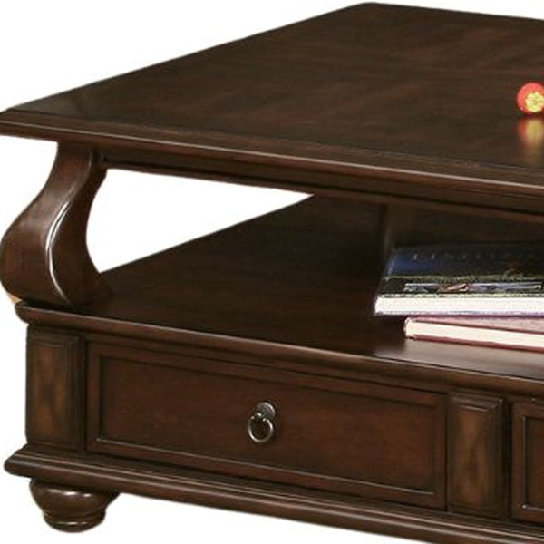 Homeroots 50" Dark Brown Solid Wood Coffee Table With Two Drawers And Shelf   286032