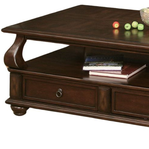 Homeroots 50" Dark Brown Solid Wood Coffee Table With Two Drawers And Shelf   286032