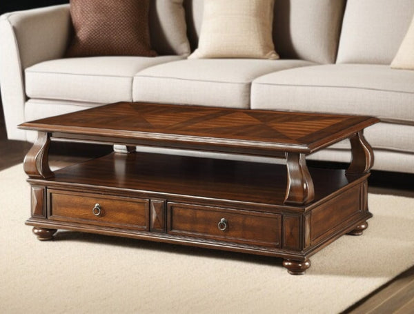 HomeRoots 50" Dark Brown Solid Wood Coffee Table with Drawers & Shelf for Elegant Living Room Storage & Style 286032