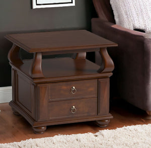 Homeroots 26" Brown Solid Wood Square End Table With Two Drawers And Shelf   286033