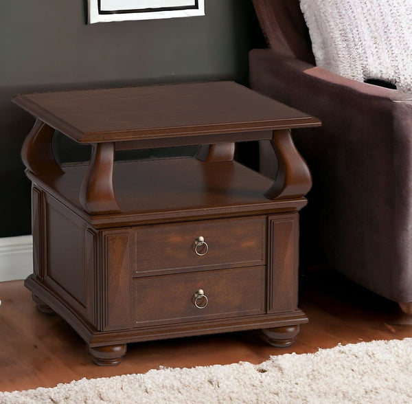 Homeroots 26" Brown Solid Wood Square End Table With Two Drawers And Shelf   286033