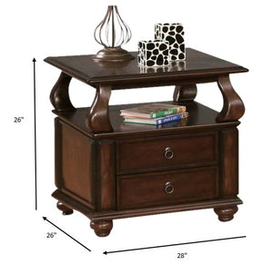 Homeroots 26" Brown Solid Wood Square End Table With Two Drawers And Shelf   286033