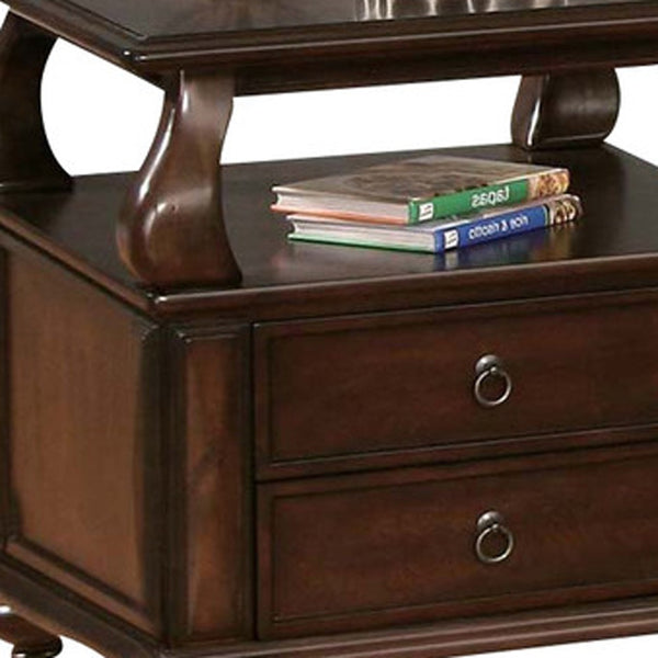 Homeroots 26" Brown Solid Wood Square End Table With Two Drawers And Shelf   286033