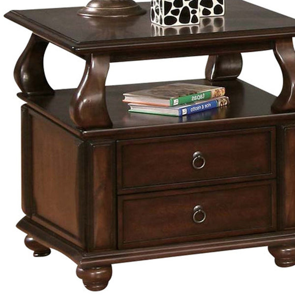 Homeroots 26" Brown Solid Wood Square End Table With Two Drawers And Shelf   286033