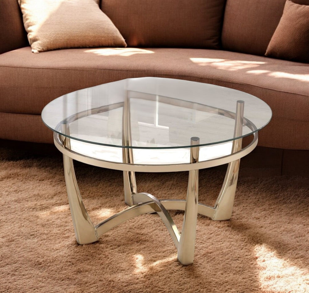 Homeroots 35" Clear And Champagne Glass And Metal Round Coffee Table   286053