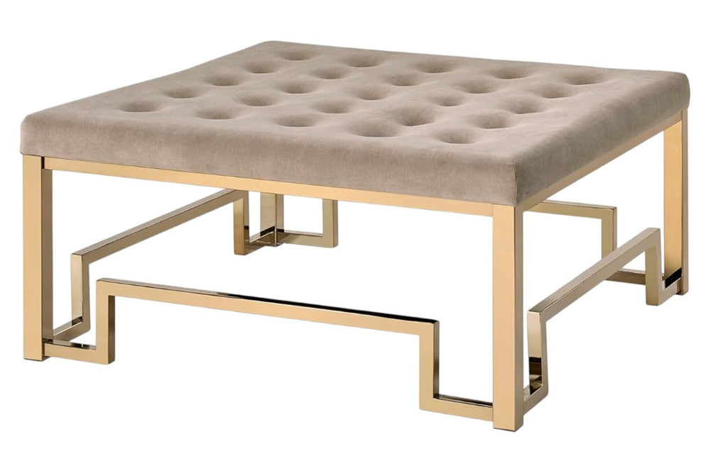 HomeRoots 36 Inch Champagne Polyester Button Tufted Round Ottoman for Elegant Living Spaces 286055